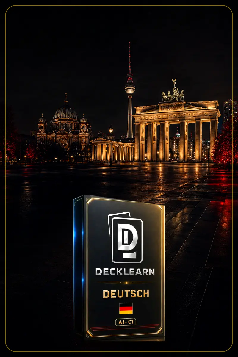 DeckLearn Alemão A1–C1 com cenário noturno de Berlim