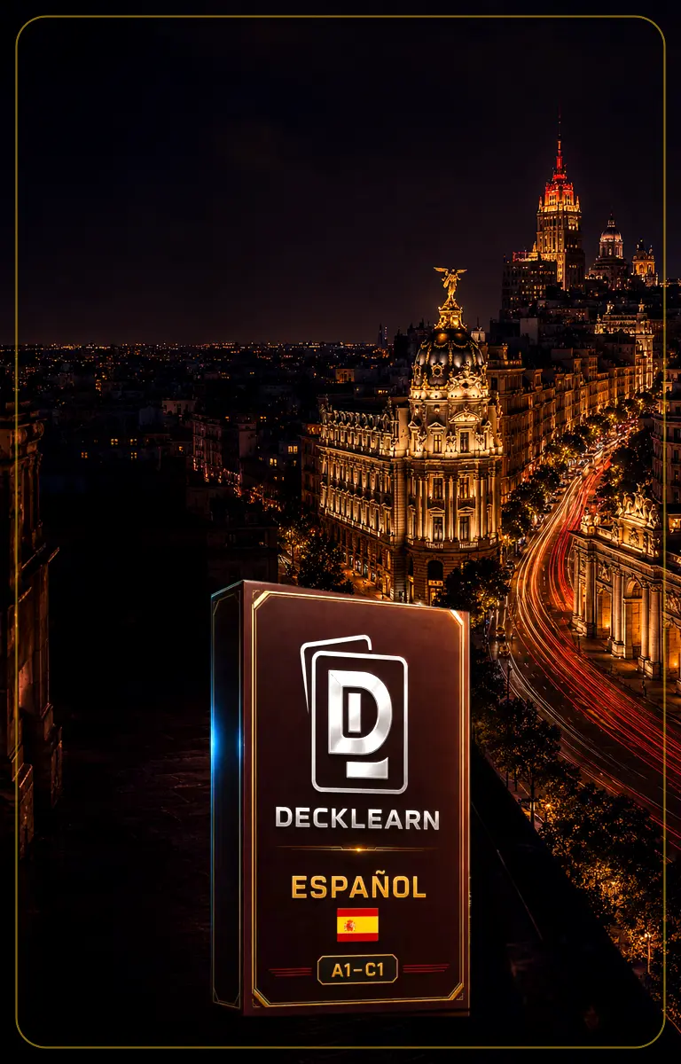 DeckLearn Espanhol A1–C1 com cenário noturno de Madri