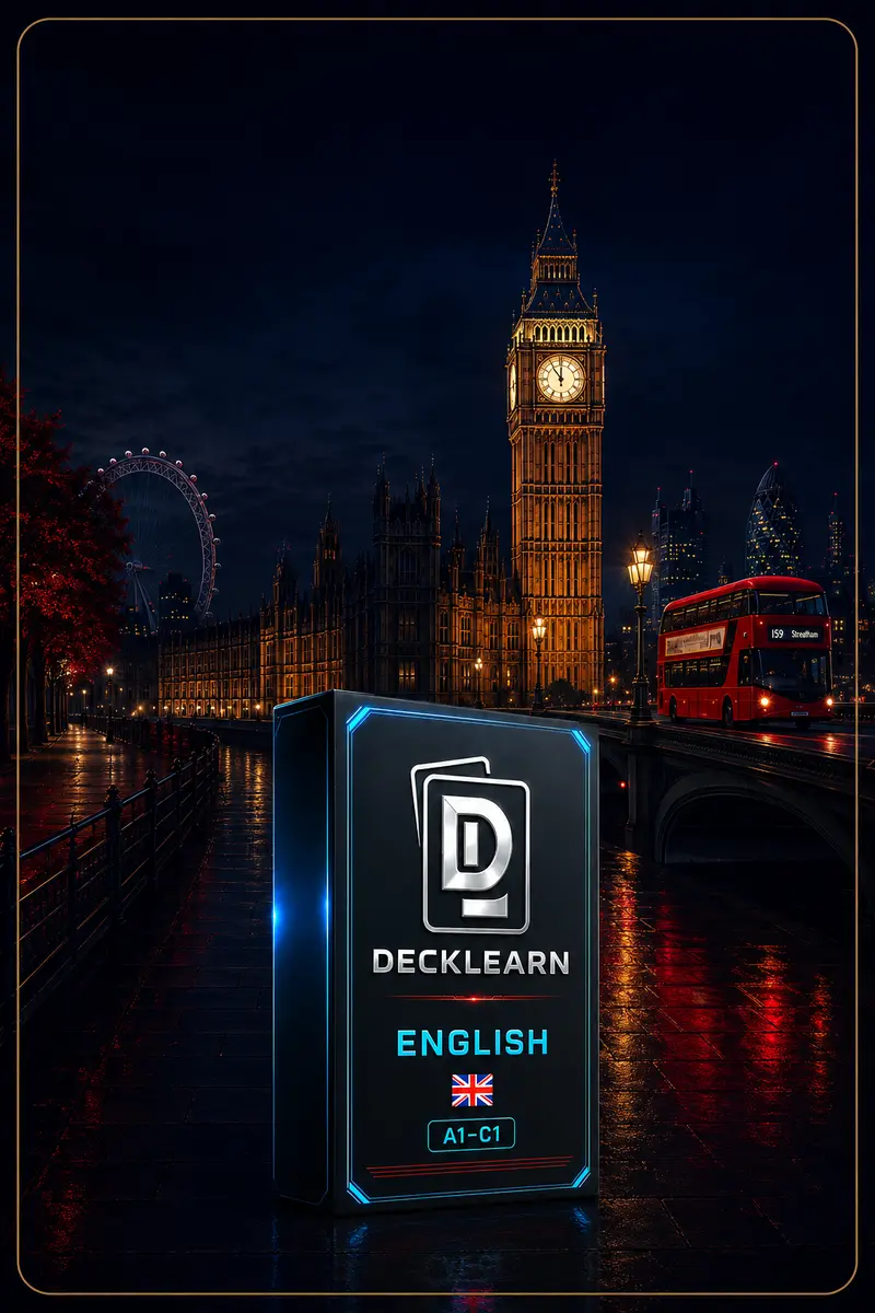 DeckLearn Inglês A1–C1 com cenário noturno de Londres