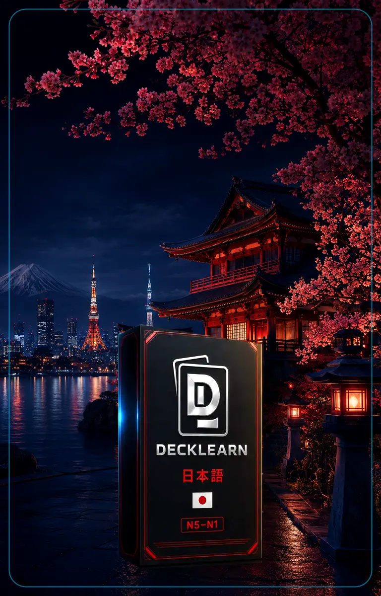 DeckLearn Japonês N5–N1 com templo, cerejeiras e paisagem noturna do Japão