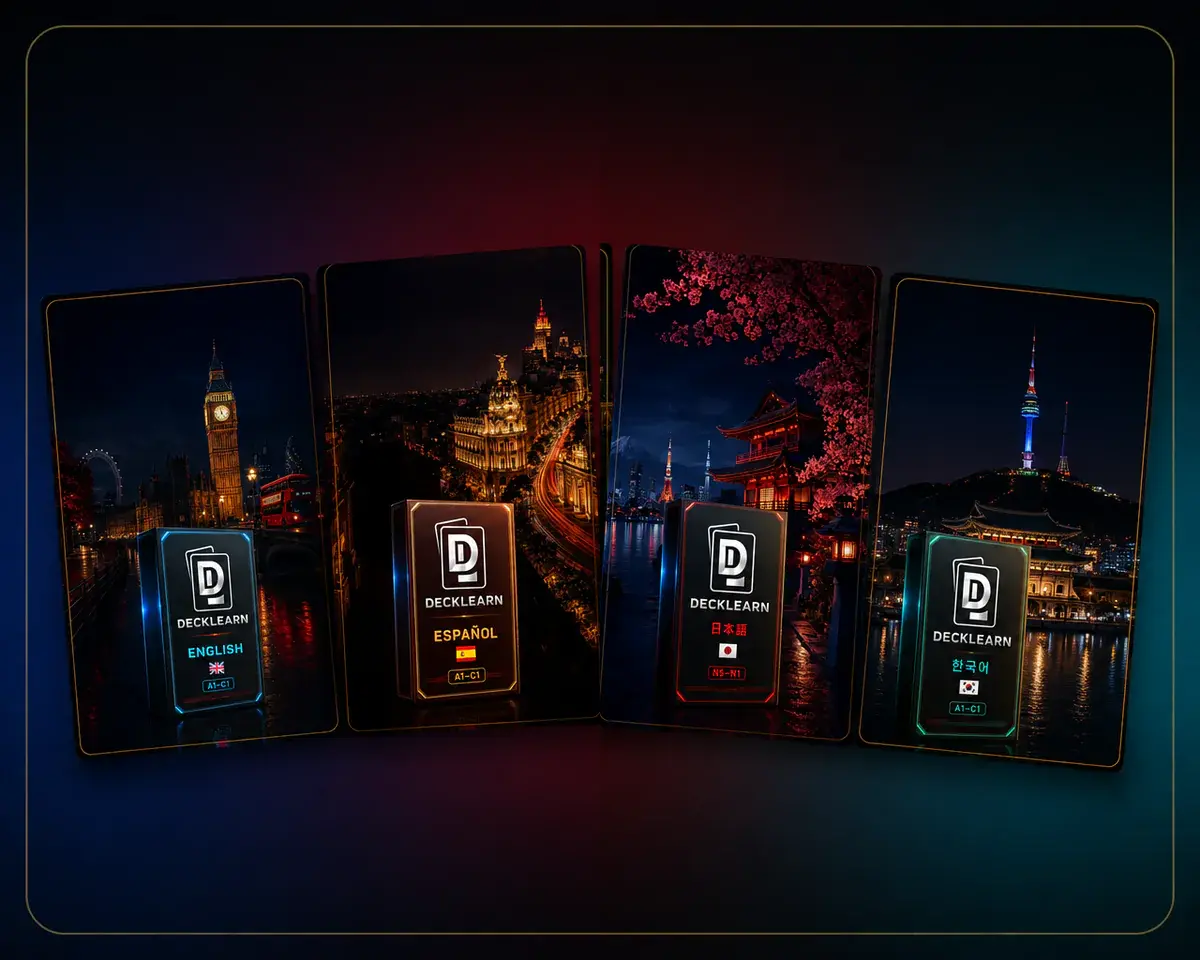 Die vier DeckLearn-Decks für Deutschland: Englisch, Spanisch, Japanisch und Koreanisch