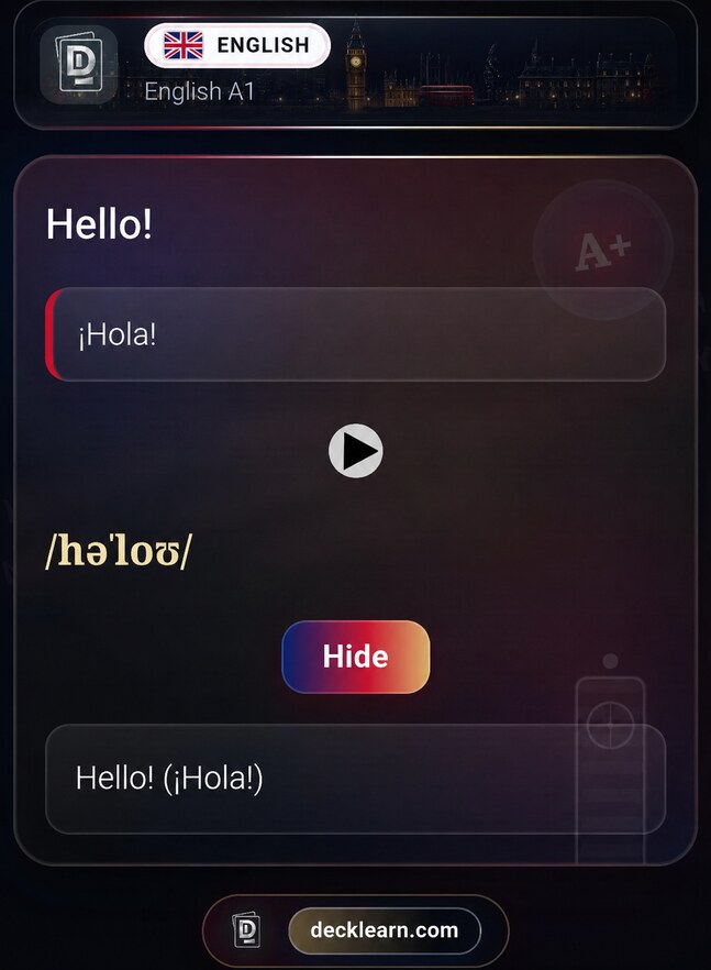 Explicación real abierta en una tarjeta de Inglés con traducción al español