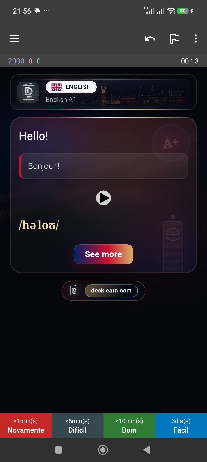 Réponse réelle d’une carte Anglais A1 avec traduction française, audio et prononciation
