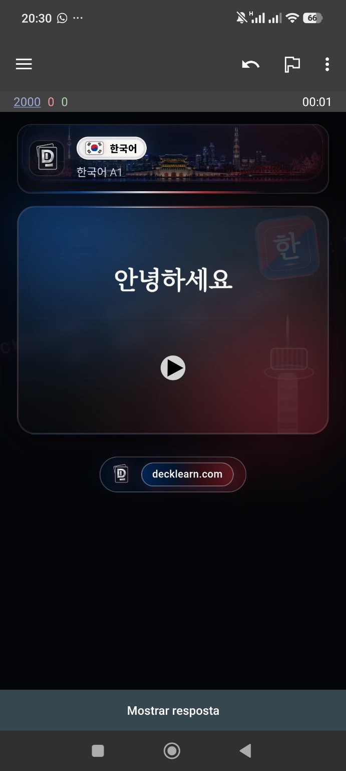 Front of a real 韓国語 A1 DeckLearn card with 안녕하세요
