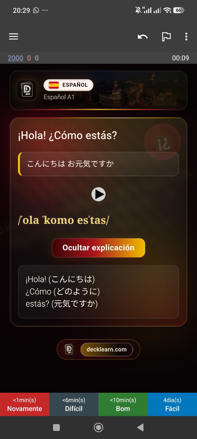 スペイン語 A1 card with the English word-by-word explanation open