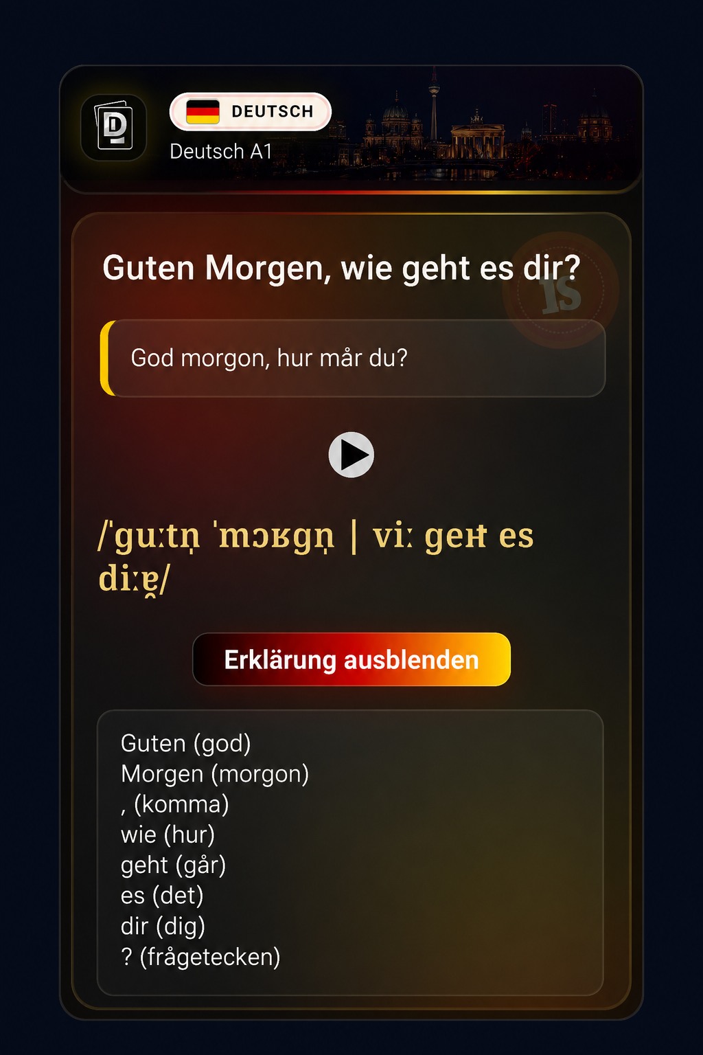 Riktigt DeckLearn-kort för språket tyska med förklaringen öppen