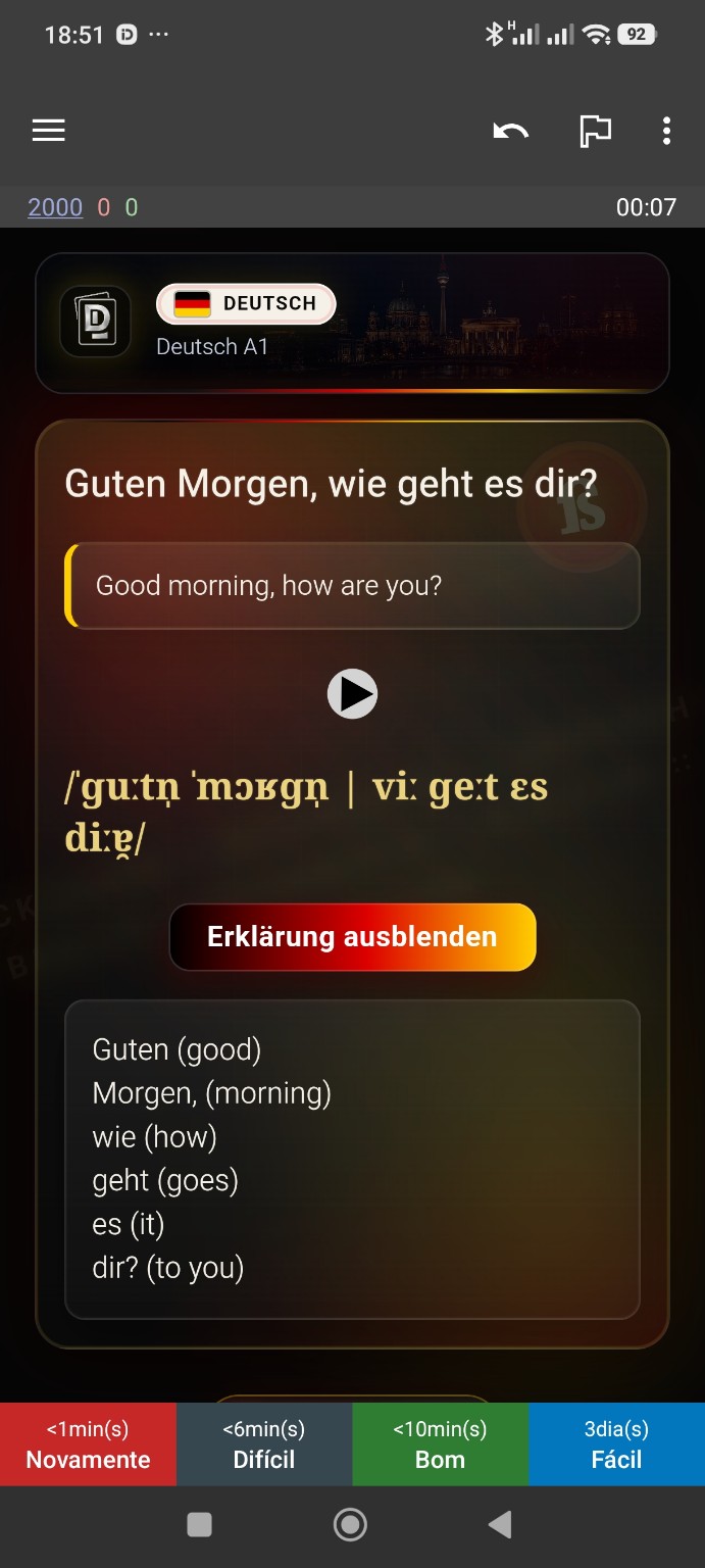 German A1 card with the English word-by-word explanation open