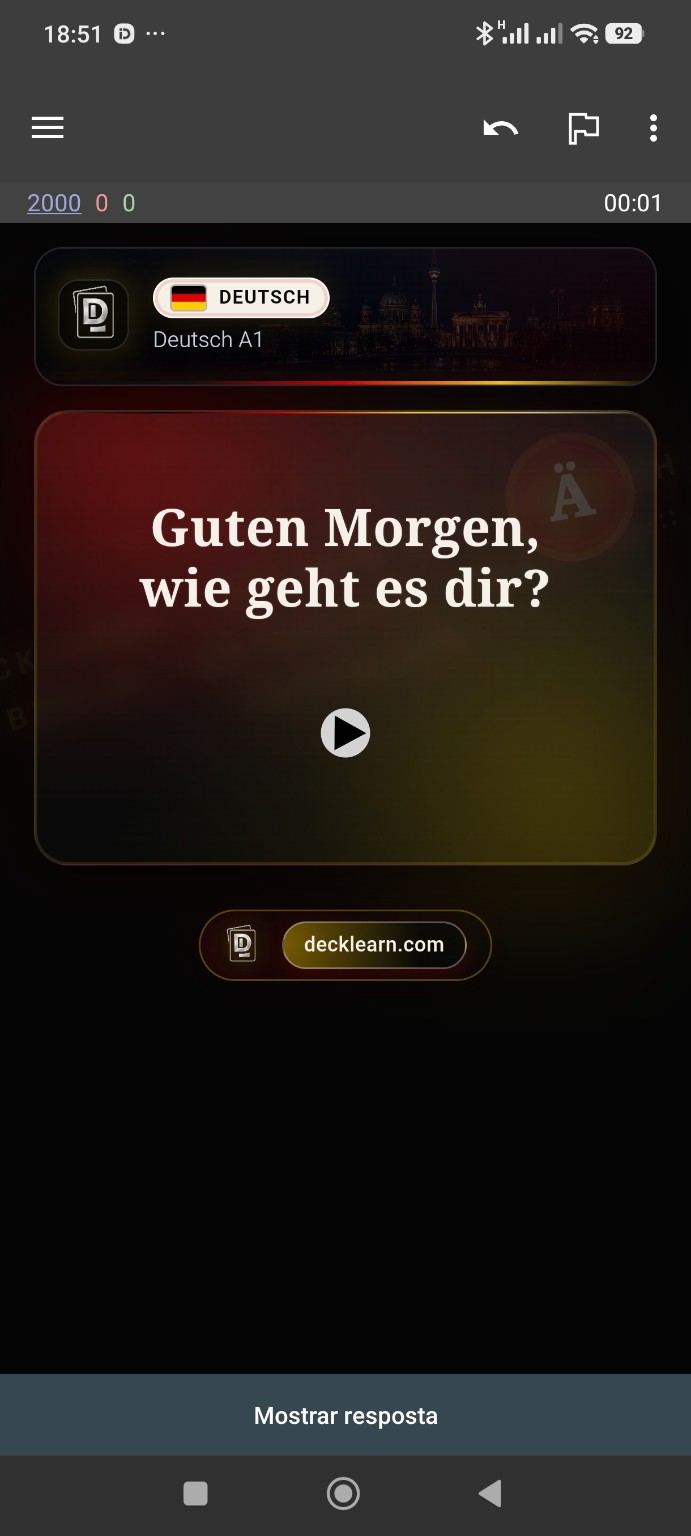 Front of a real German A1 DeckLearn card with Guten Morgen, wie geht es dir?