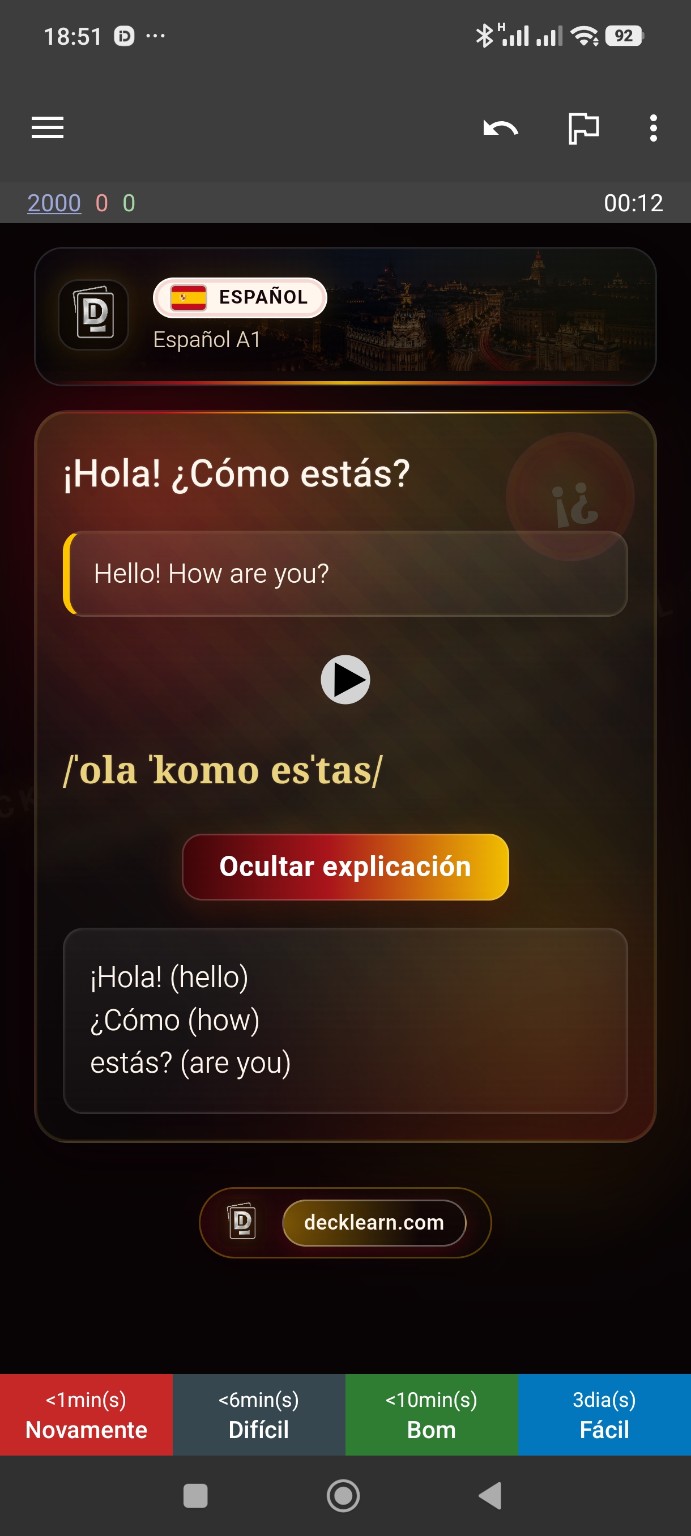 Spanish A1 card with the English word-by-word explanation open