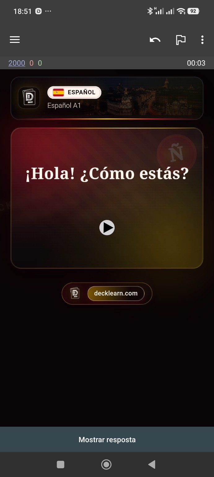 Front of a real Spanish A1 DeckLearn card with ¡Hola! ¿Cómo estás?
